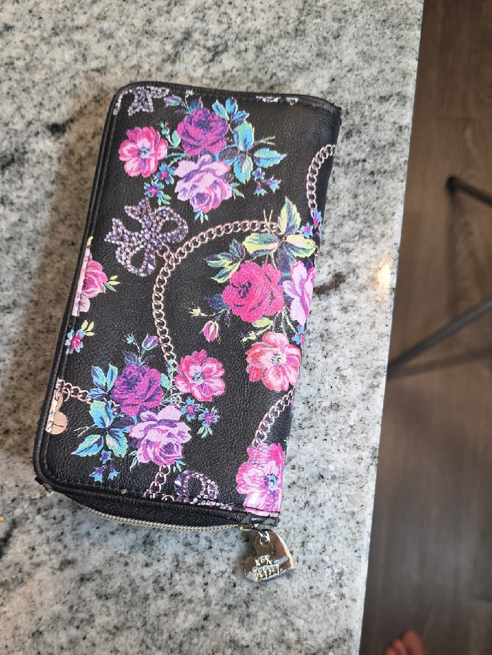 Betsey Johnson Black Floral Zip-Around Wallet with Pink & Blue Roses - Picture 5 of 5